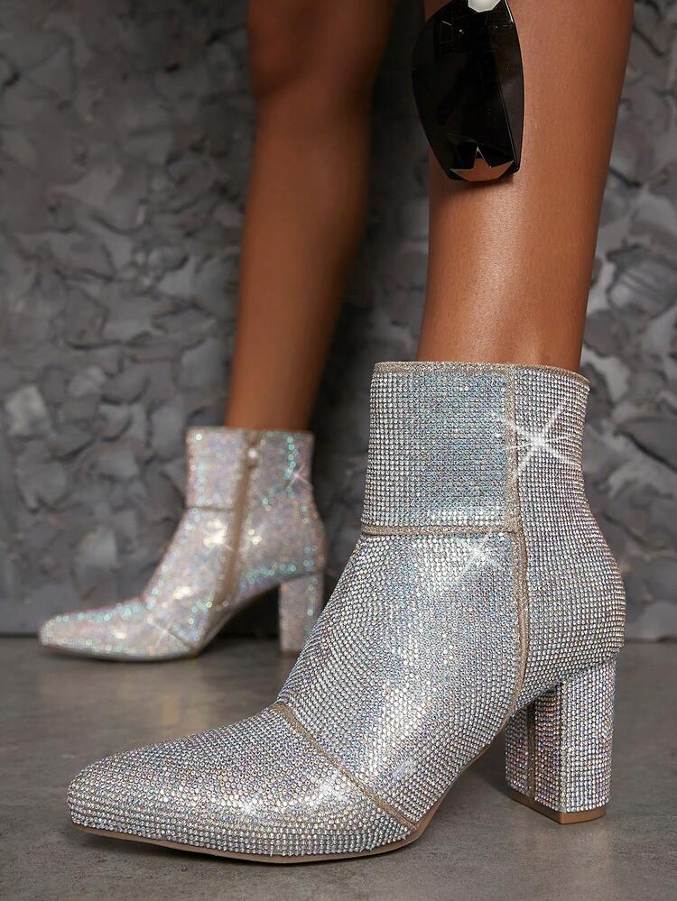 Bestseller Women's Luxury Rhinestone Champagne Chunky Heel Short Point-Toe Boots:Eye-Catching Luxury,Mysterious Elegance, Holiday Party Essential
