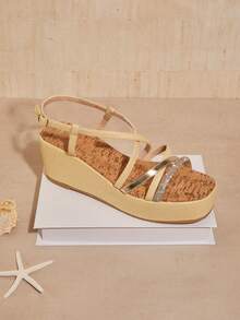 Women Rhinestone Decorated Cross Strap Wedge Thick-Soled Sandals - Beige - View 2