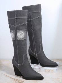 SHUZIA 破洞補丁貼粗跟靴 - 灰色 - 查看 3