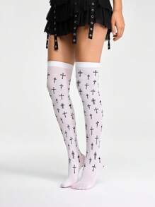 ROMWE Grunge Punk Calcetines de estilo punk de Halloween con estampado cruzado aleatorio hasta la rodilla, calcetines casuales personalizados de estilo Y2K que llegan sobre la rodilla, adecuados para fiestas, reuniones y eventos sociales - Blanco - Ver 5
