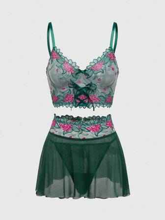 Fairycore Feenhaftes besticktes Blumen-Schnürmieder-BH-Set mit Bügel, sexy Damen Dessous