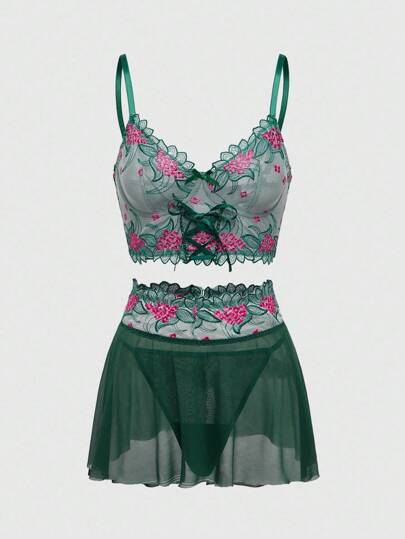 Fairycore Fairy Embroidered Floral Lace-Up Underwire Sexy Lingerie Set For Women