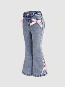 SHEIN Jeans acampanados azules con lazo rosa y elástico para niña, estilo años 2000, kawaii, de vuelta al colegio, ropa casual y cómoda para niños en otoño, cómoda, casual y de moda para vacaciones - Lavado ligero - Ver 6