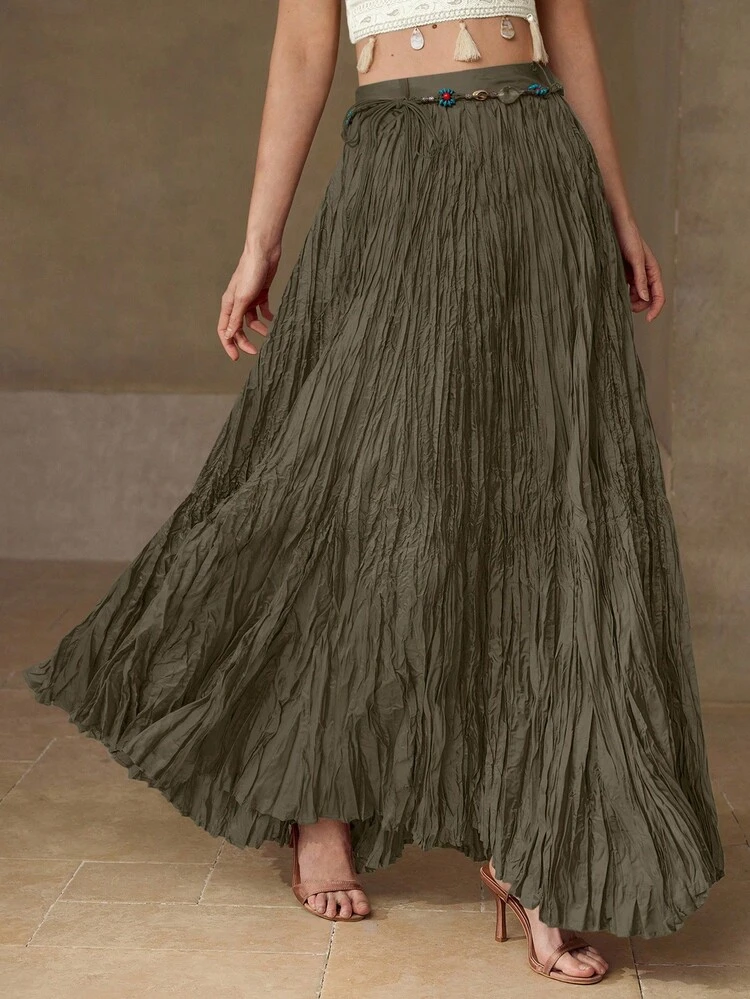 SOLID TEXTURED HIGH WAIST MAXI SKIRT WITH BEADED BELT