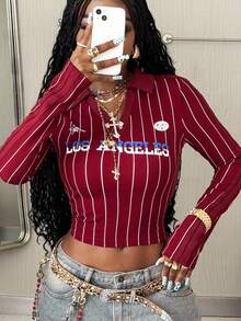 Coolane Women's Fall Concert Rave Festival Going Out Streetwear Y2K Vintage Graphics Burgundy Lapel Long Sleeve Tees Striped Crop Top Christmas - Burgundy - View 7