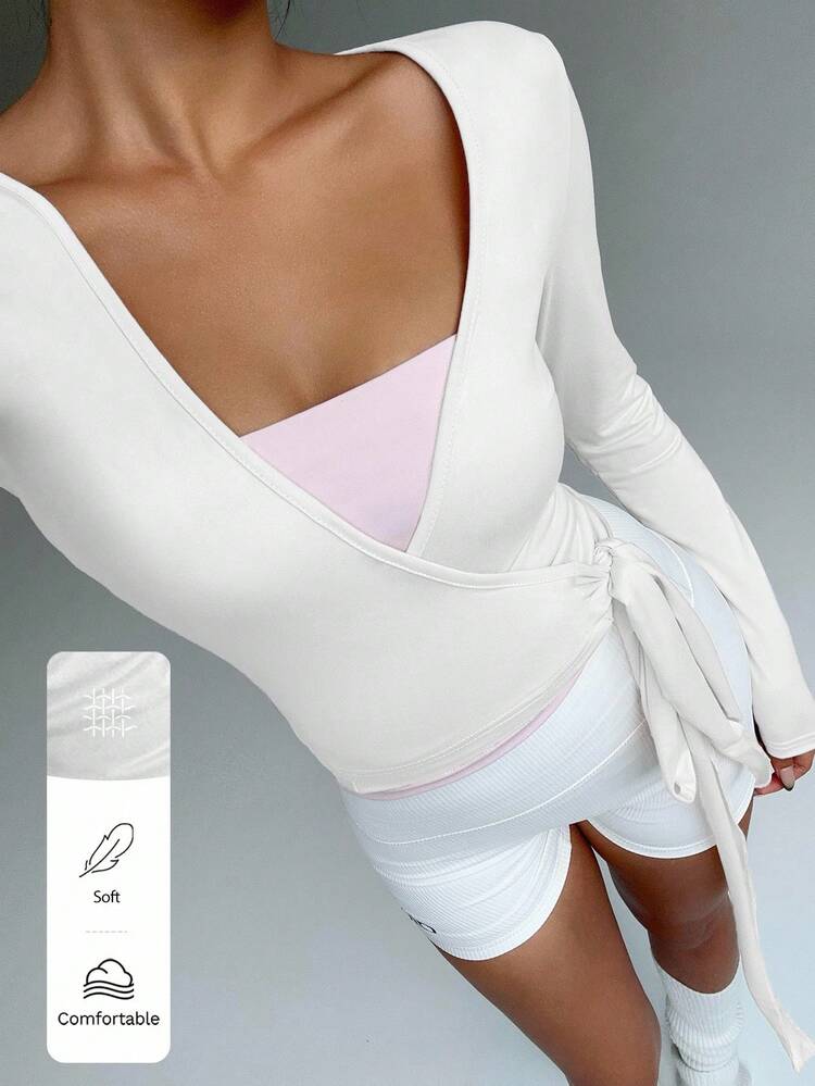 FavEase Soft, High Elasticity Pink Yoga Fitness Sports Wrap V-Neck Long Sleeve Crop Top, Fashion, Casual, Elegant All-Match Essential Design For Women, Spring & Autumn Fall Cloth For Women