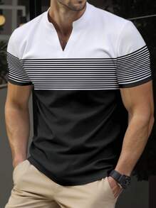Manfinity Mode 男士流行条纹休闲亨利领 Polo 衫，时尚街头风格，适合日常穿着 - 黑與白 - 查看 3