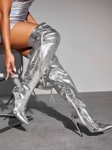 CUCCOO SZL Giày bốt cao đến đầu gối mũi nhọn màu bạc cổ điển, bốt cao gót dài thời trang và đa năng cho phụ nữ tiệc Halloween Giáng sinh tiệc disco Đêm Sxy đi chơi Baddie Fall - Bạc - Xem 9