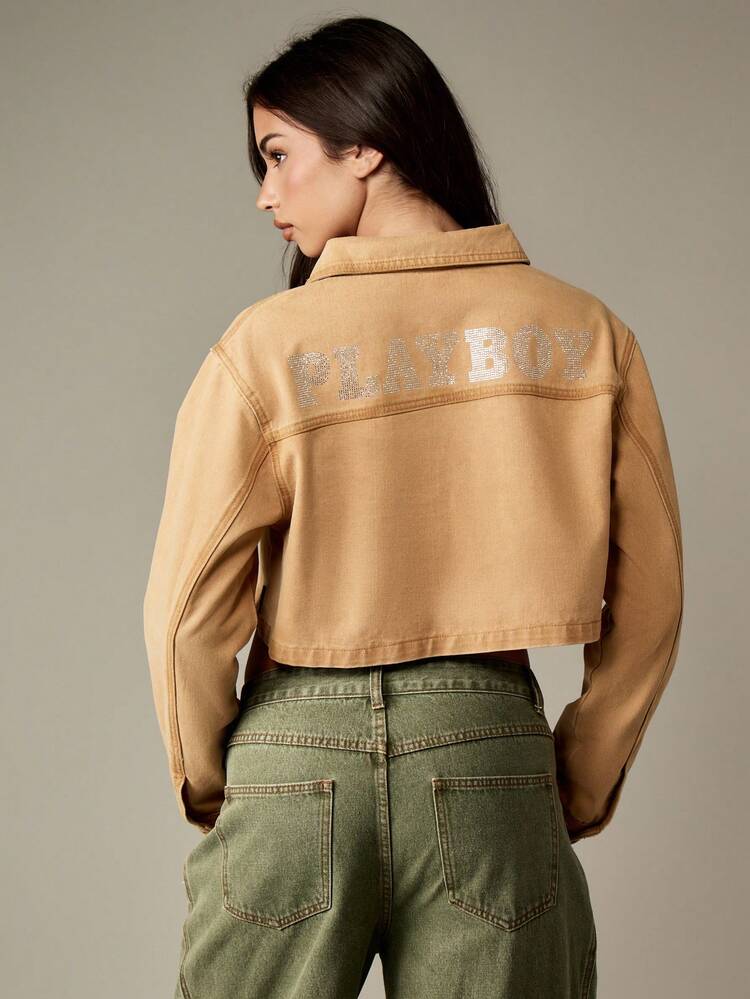 Missguided x Playboy Cropped Trucker Jacket With Rhinestone Crystal Bunny Logo Front Pocket Design High Waist Fitted Western Style Spring Fall Fashion Streetwear Casual Statement Outerwear