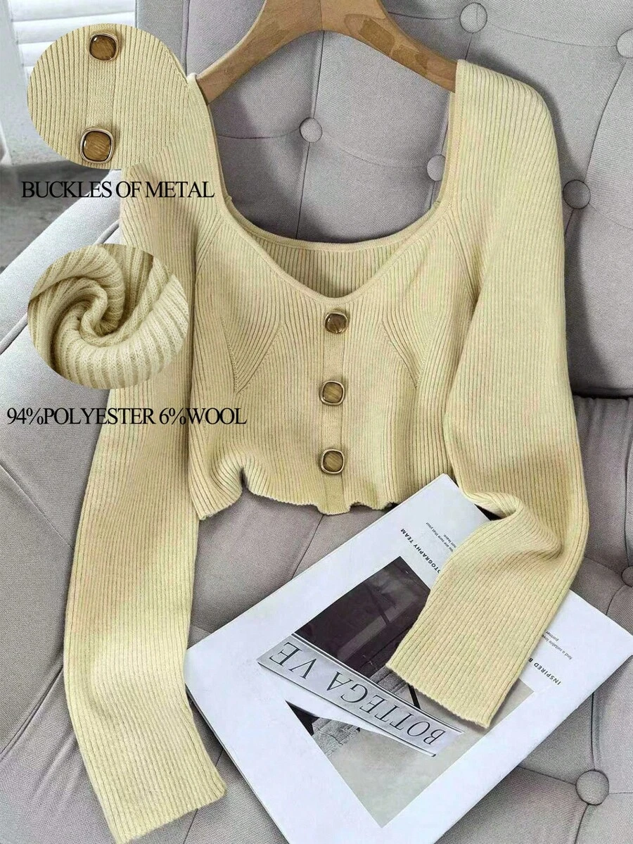 Franclia 性感U领修身单排扣金属纽扣装饰针织毛衣，休闲套头衫针织套头衫秋冬 - 白色 - 查看 1