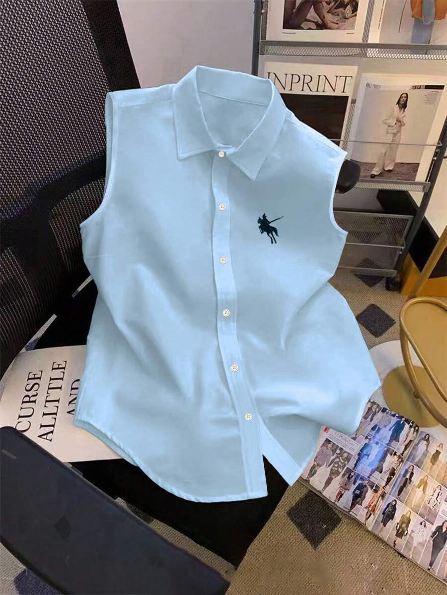 GlowEve Camisa informal de mujer de corte sencillo y sin mangas con estampado de caballero - Azul - Ver 1