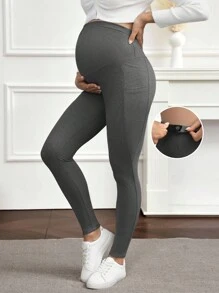 SHEIN 女士高弹力针织裹腹休闲时尚侧口袋孕妇紧身裤 - 灰色 - 查看 3