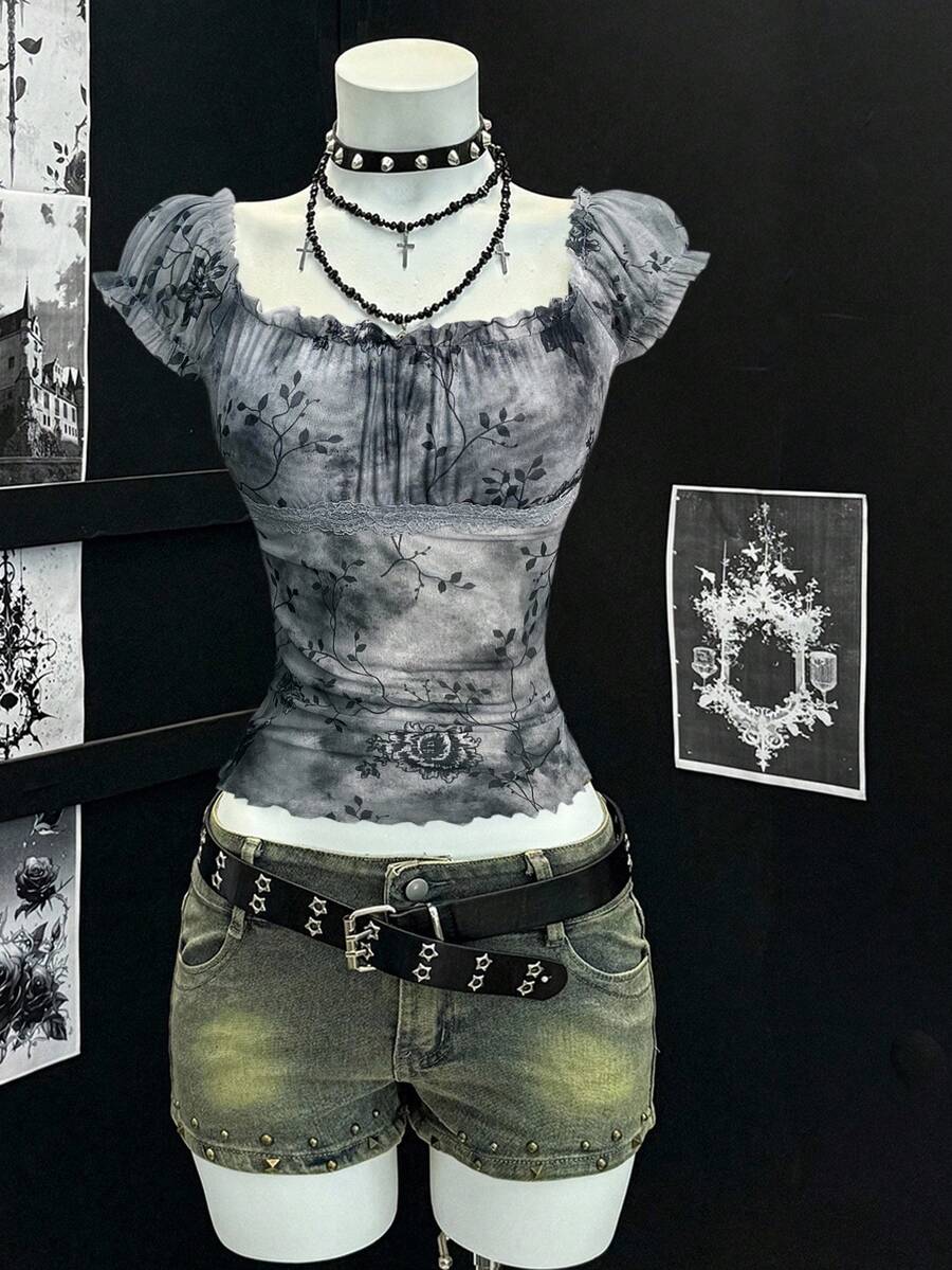 EgrlEra Áo thun nữ ôm sát gợi cảm cổ điển, tay bồng, cổ vuông, họa tiết lưới và ruy băng - Màu Xám nhạt - Xem 1