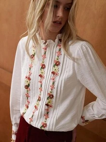 Écloséra Women's Elegant Round Neck Ruffled Print Arrangement Flower Straight Fit Long Sleeve Commuter Shirt Ladies Top Autumn Top White Top Female Going Out Top Fall Cloth For Women, Christmas