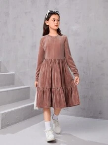 SHEIN Serisse Kids 青少年女孩宽松复古天鹅绒条纹圆领多层长袖连衣裙 - 淺粉色 - 查看 5