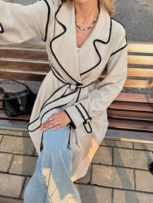 SHEIN Frenchy Women's Contrast Trim Drop Shoulder Double Breasted Fashion Trench Coat In Fall/Winter Casual - Apricot - View 5