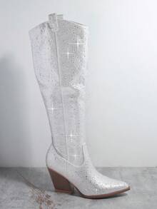 SHUZIA Rhinestone Side Zipper Western Boots Cowboy Boots - Silver - View 6