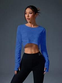 Easithlete 女式纯色圆领长袖短款休闲健身运动 T 恤女式运动短款上衣衬衫蓝色短款上衣长袖短款上衣蓝色健身上衣长袖健身短款上衣女式短款上衣女式蓝色健身上衣长袖健身上衣 - 寶藍色 - 查看 4