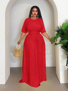 Veslaya 2025 Spring/Summer New Arrival, Vacation Casual & Daily Casual & Street Style & Elegant Party & Romantic, Solid Yellow, Drop Shoulder, Elastic Waist Ruched Flared Maxi Dress, Woven Textured Fabric, Plus Size Women