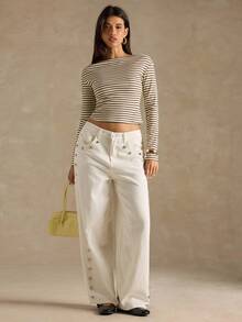 SHEIN BAE Women's Contrast Stripe Oblique Shoulder Long Sleeve T-Shirt,Autumn Women's Clothing, Winter Women's Clothing, Apricot Striped Women's Tops, Going Out Tops, Striped Off-The-Shoulder Tops, Women's Casual Tops, Long-Sleeved T-Shirts, - Multicolor - View 3