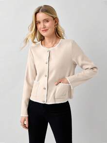 Miaspire Women's Casual Contrast Stitch Trim Patchwork Pocket Single-Breasted Jacket - Apricot - View 6