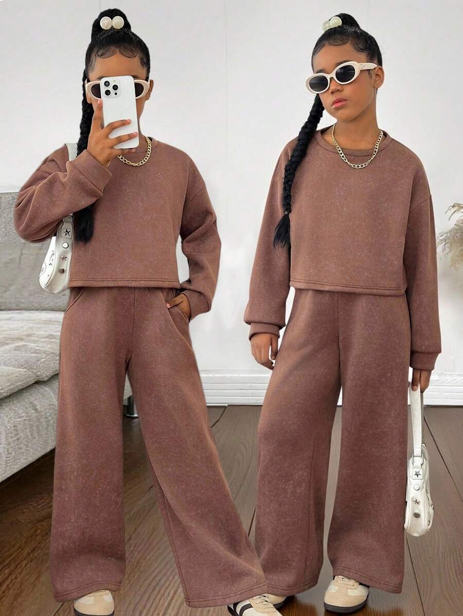 Sparklyn Tween Girls Casual All-Match Versatile Daily School Sports Street Acid-Washed Loose Cropped Sweatshirt + Wide Leg Pants Set Fall Winter - Brown - View 1