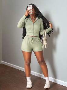 Slaydiva Conjunto de 2 piezas de chaqueta con capucha con cierre frontal y shorts de unicolor para mujer