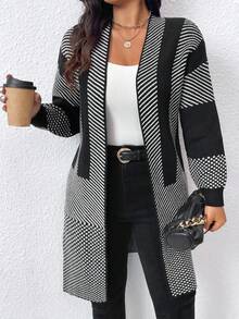 SHEIN PETITE CURVE Plus Size Women Striped Long Sleeve Open Front Casual Knit Cardigan, Autumn Winter Fall - Black - View 6
