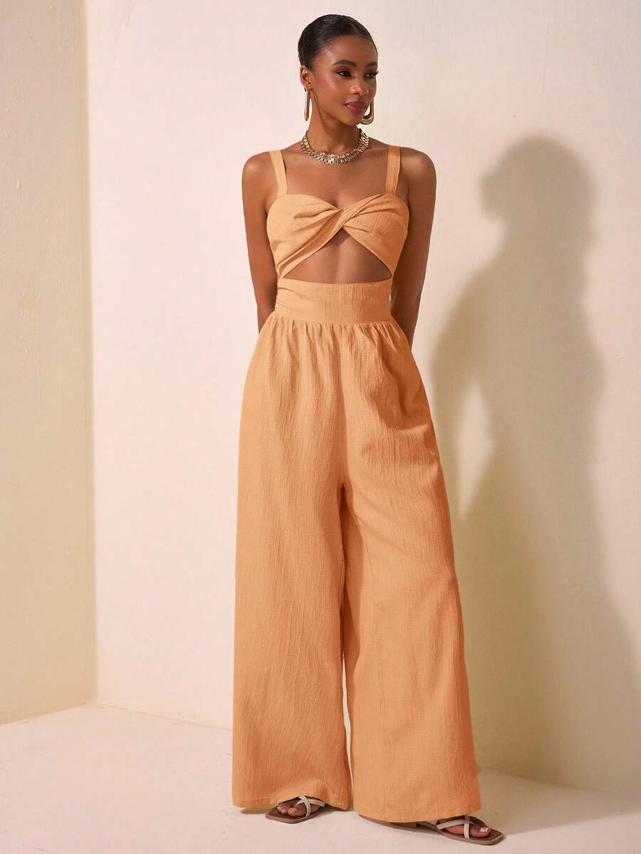 Zivah 2025新款春夏休闲度假扭纹吊带镂空后背纹理面料女长款阔腿裤卡其色婚礼季音乐节派对街头沙滩海边度假波西米亚风-A - 咖啡棕 - 查看 1