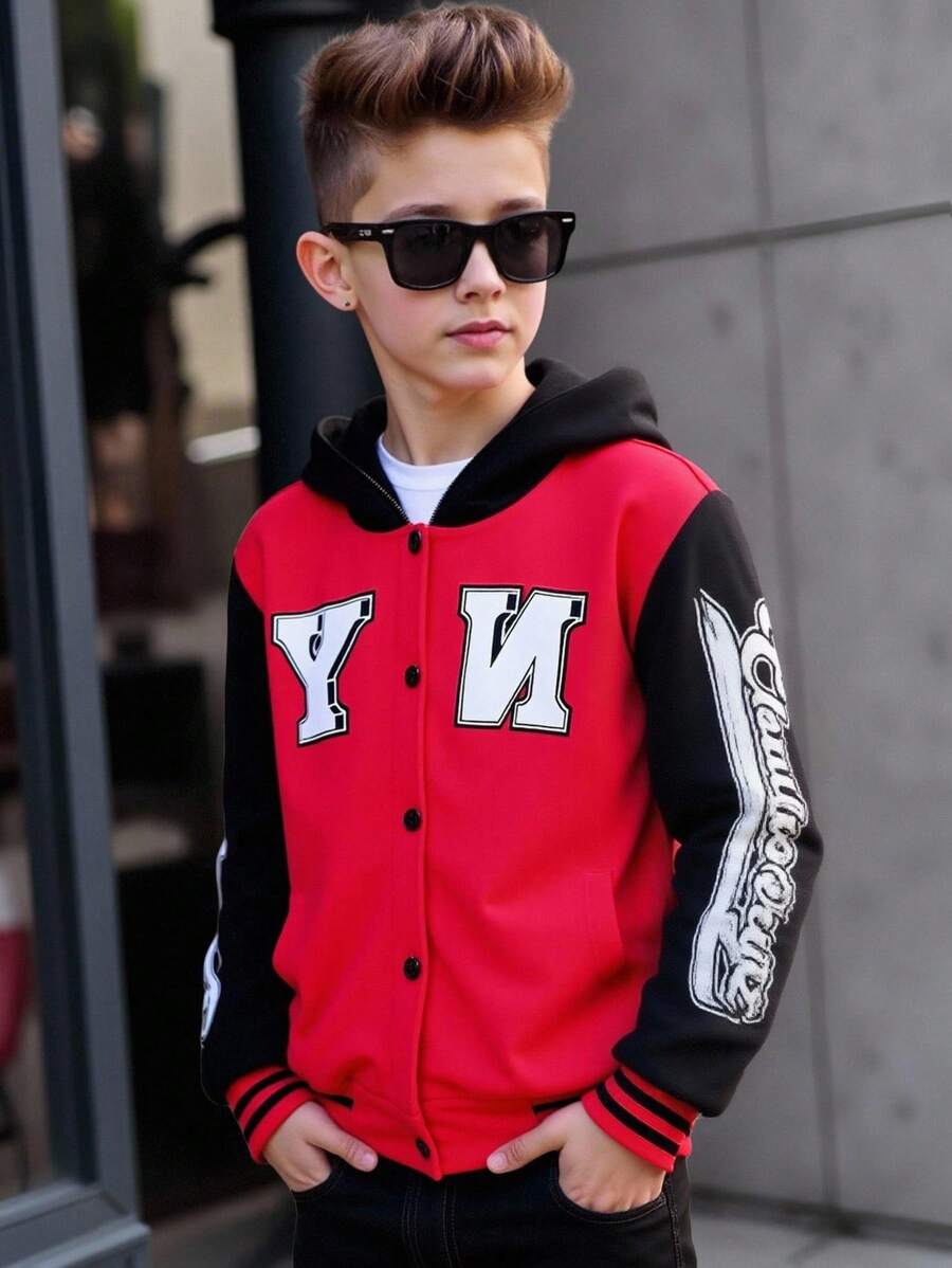 Young Boy Letter Print Patchwork Hooded Jacket, Cool , Autumn Winter Varsity Jacket - Multicolor - View 1