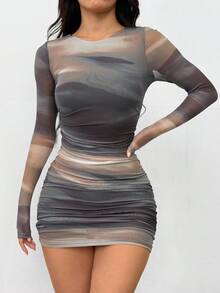 SHEIN PETITE Women's Fashion Commuter Tie-Dye Ruched Bodycon Mini Dress - Multicolor - View 3