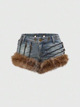 Grunge Punk Short en jean mini taille ultra basse sexy, décor métallique sous-culture Baddie Y2K