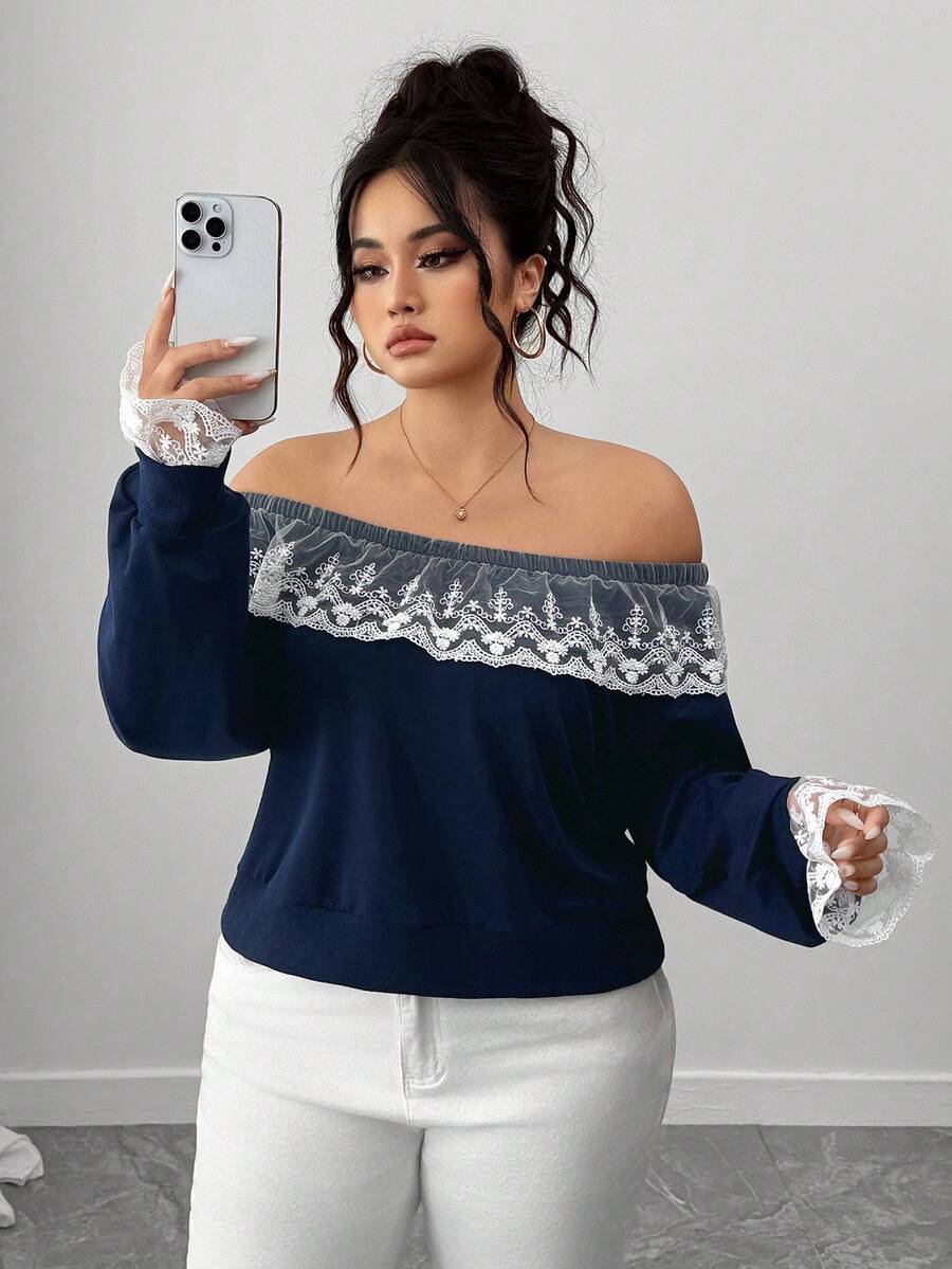 SHEIN CURVE+ Plus Size Costura Contraste Cor Renda Renda Simples Moda Estilo Comunhão Saindo Elegante Cor Sólida Moletom Feminino - Azul marinho - Ver 1