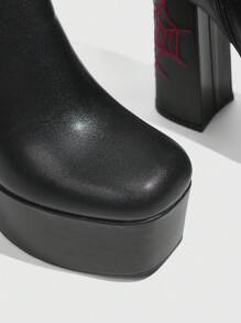 Sugerpunk 方头粗跟户外防水厚底刺绣时尚休闲派对侧拉链女式踝靴，适合春季、春假、复活节和圣诞节穿着。 - 黑色 - 查看 5