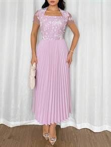 Modelyn 女士粉色方领短袖蕾丝拼接优雅中长连衣裙 - 粉色 - 查看 6