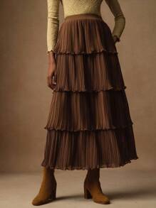 Vesra Fustă plisată cu talie elastică la modă pentru femei, culoare solidă, model tort - Maro - Vizualizare 4