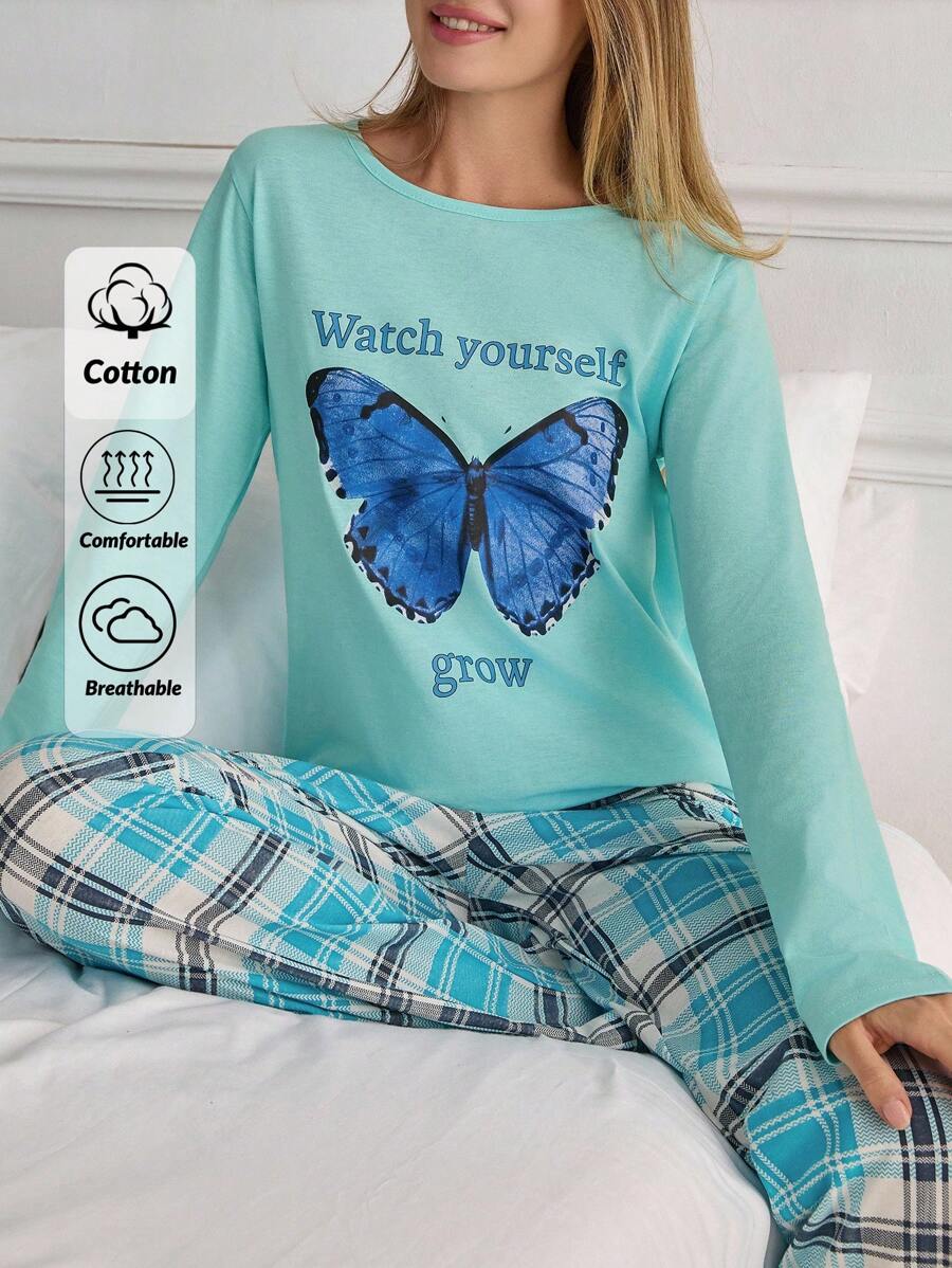 EURMUSE Conjunto de pijama de manga comprida com estampa de borboleta e xadrez da Cottnline