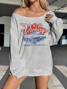 SHEIN EZwear Plus Size Women's Off Shoulder Loose Casual Minimalist Racing Car Pattern Long Sleeve Sweatshirt, Autumn/Winter Fall - Light Grey - View 3