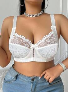 DesireSculpt 1pc Plus Size Lace Patchwork Underwire Bra, Lift - White - View 6