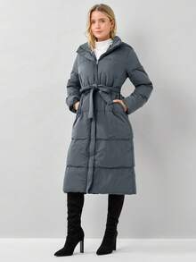 Miaspire Solid Color Hooded Belted Long Padded Jacket