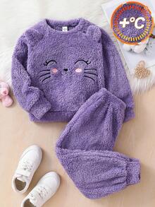 SHEIN 2 件套年轻女孩秋季双面羊毛运动衫和裤子套装，适合日常休闲穿着