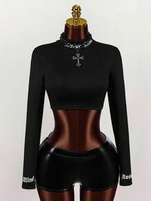 Amplova Black Standing Neck Thumbhole Cut Letter T-Shirt - Black - View 5