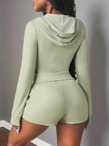 Slaydiva Conjunto de 2 piezas de chaqueta con capucha con cierre frontal y shorts de unicolor para mujer