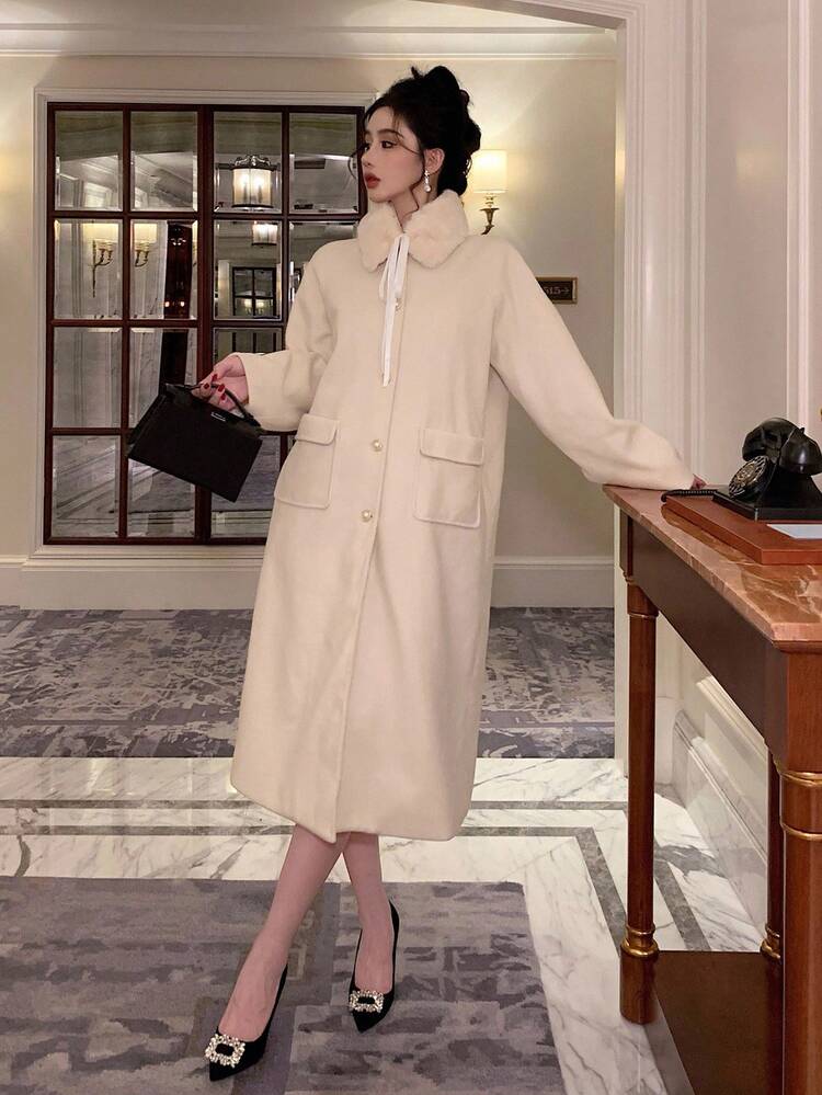 Women's Elegant Overcoat With Fur Collar And Bowknot, Autumn/Winter