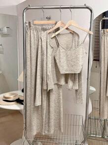 SHEIN CURVE+ 3 件套大码休闲针织吊带背心、纯色夹克和裤子套装，秋冬 - 灰色 - 查看 1