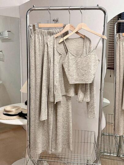 SHEIN CURVE+ 3 件套大码休闲针织吊带背心、纯色夹克和裤子套装，秋冬