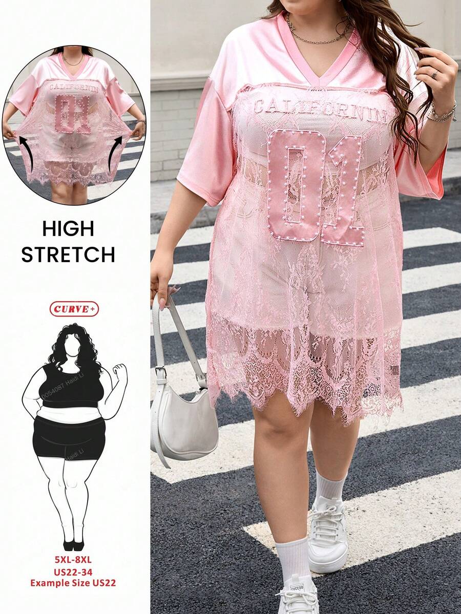 SHEIN CURVE+ Blusa feminina plus size com decote em V, bordada, ombro caído, manga curta, solta, cor contrastante, renda, roupas de outono para mulheres, inverno, CURVE PLUS - Rosa - Ver 1