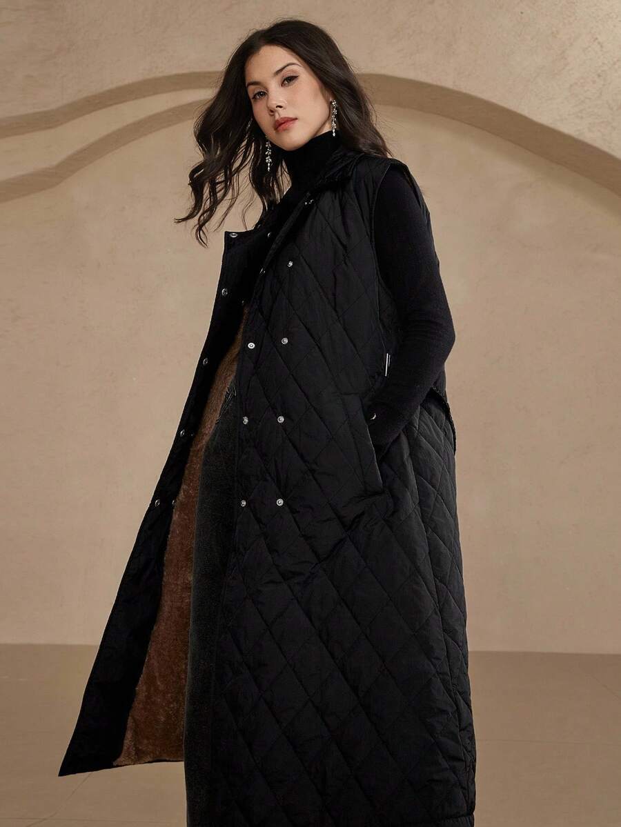 DAZY Women's Sleeveless Long Jacket Vest With Metal Buckle Belt, Adjustable Waist, Loose Fit, Business Casual, Suitable For Autumn & Winter Women Coats - Black - View 1