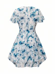 Rafferiza 简约优雅 V 领荷叶边袖春季女式连衣裙 - 藍色 - 查看 9