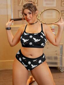 HARRY POTTER X SHEIN Plus Size Black & White Cartoon Hedwig Print Camisole Bra And Panty Set,Basic Comfortable Casual ,Soft,Cute,Kawaii,Sweet